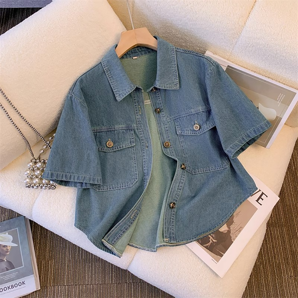 IWMAFT 여성 여름 데님 셔츠 반팔 루즈핏 포켓 디테일 가벼운 소재 레이어드 데일리 캐주얼 TX584 21,800원