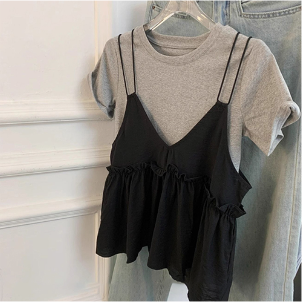 줄리엣이뽀 여성 여름 55-66반 베이직 반팔티+프릴 더블끈 뷔스티에 2SET 2개세트 마마006 29,800원