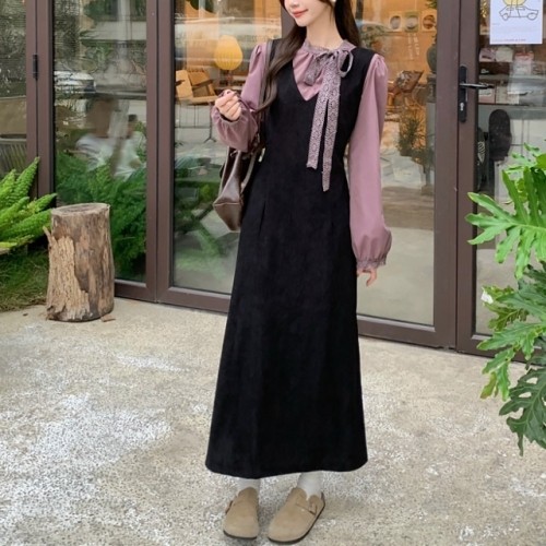 여성 코듀로이 뷔스티에 원피스 / 스트링 허리조절 레이어드 롱 원피스 42,000원