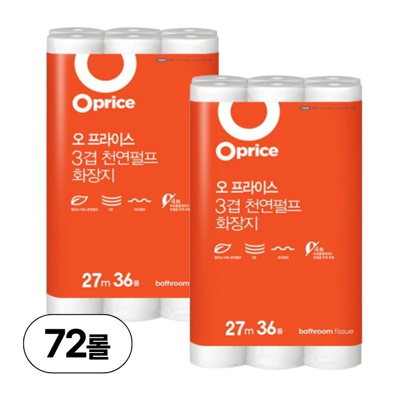 오프라이스 3겹 펄프 화장지 27m 36롤  2팩 24,990원