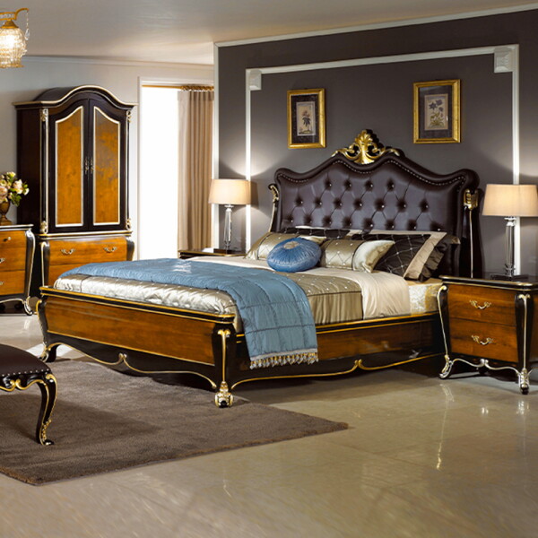 [유캐슬] ★커피쿠폰+무료배송★ 벤티 엔틱 원목 가죽 퀸침대세트A (퀸침대+2단협탁)_CP 1,810,000원