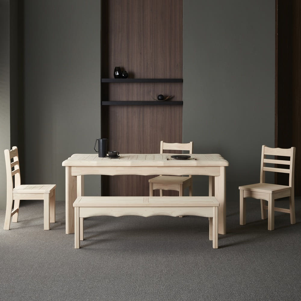 바르숲 킹덤 편백나무 통원목 식탁 테이블 의자 벤치 세트 4인 6인, 일반 3 + 벤치 1 3,110,000원