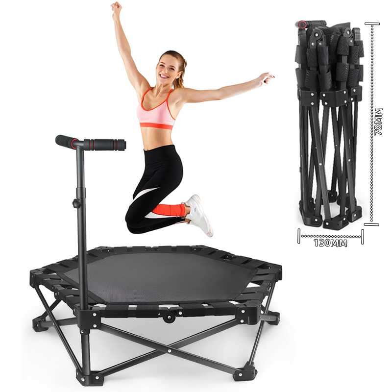 접이식 트램폴린 가정용 유산소 운동 성인용 접이식 트램폴린 육각형 안전 조용한 디자인 조절식 손잡이 장착, 흑색, 현재가 116,000원