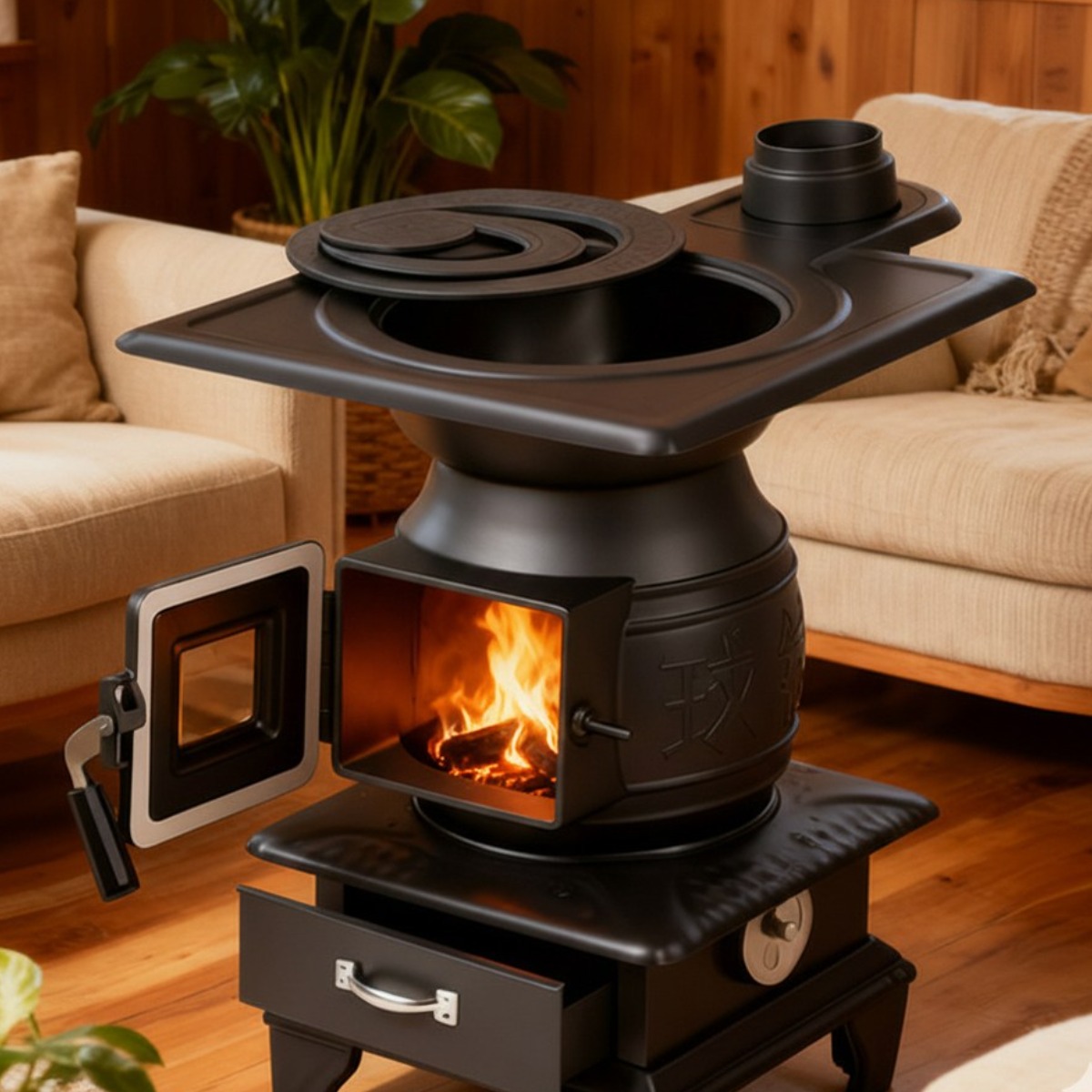 호가 두번타는 주물 장작 난로/이중연소 캠핑 화목 화로 불멍 난로 스토브 펠릿 야외 쿠킹, 1 169,000원
