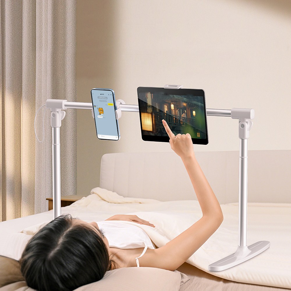 VANKIN 접이식 침대용 휴대폰 거치대 침대용 태블릿 거치대 높이 폭 조절 가능 듀얼 헤드 라이브 스탠드, 화이트, 1개, 거치대 풀세트 47,800원