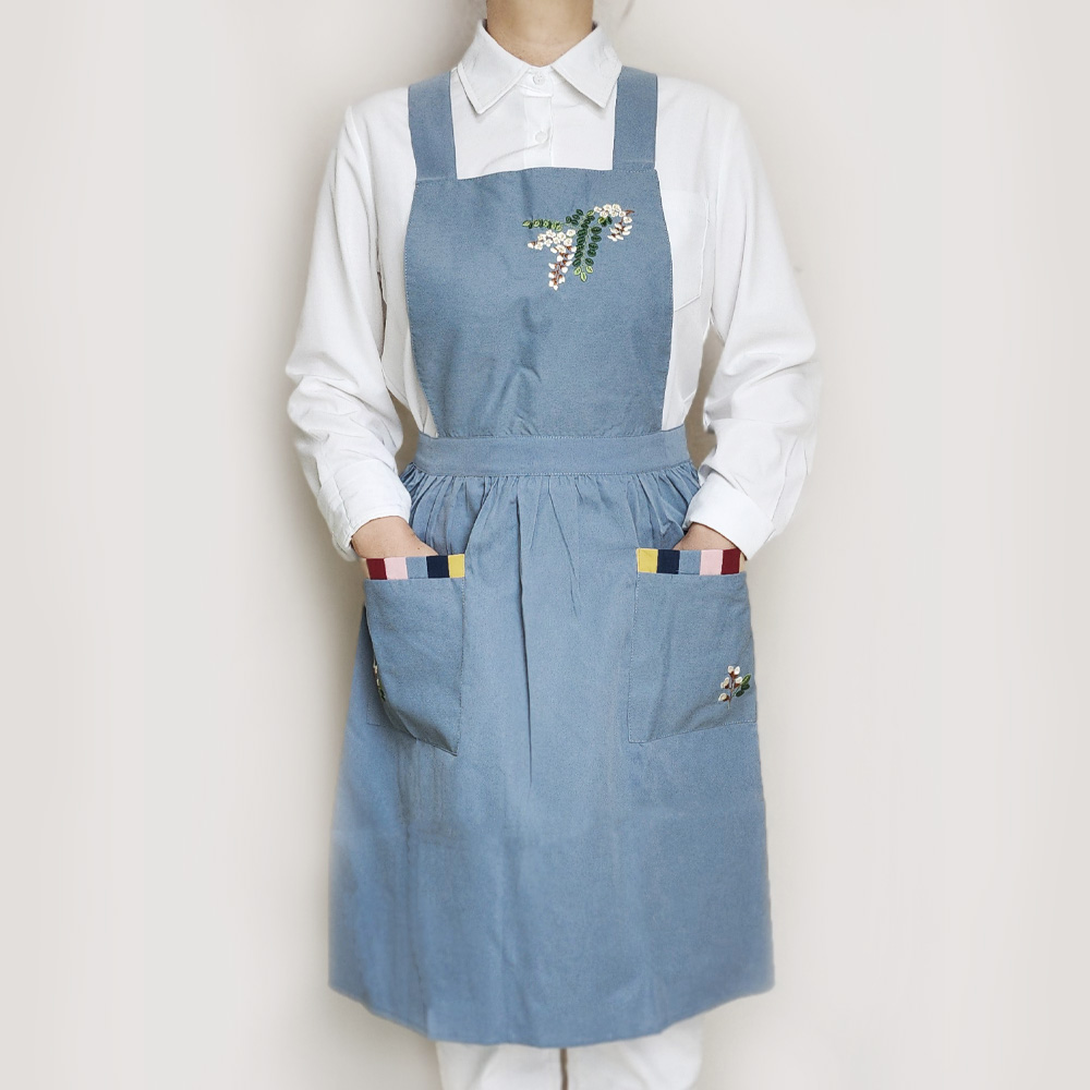 한국민예 고급 코코면 전통 꽃자수 원피스 앞치마 어린이집 예쁜 앞치마, 1개, 청회색. 14,900원