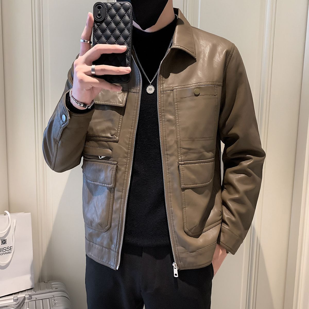 봄가을 남성 클랙식 라이더 가죽자켓 캐주얼 바람막이 슬림 숏 레더 자켓 코트 33,900원