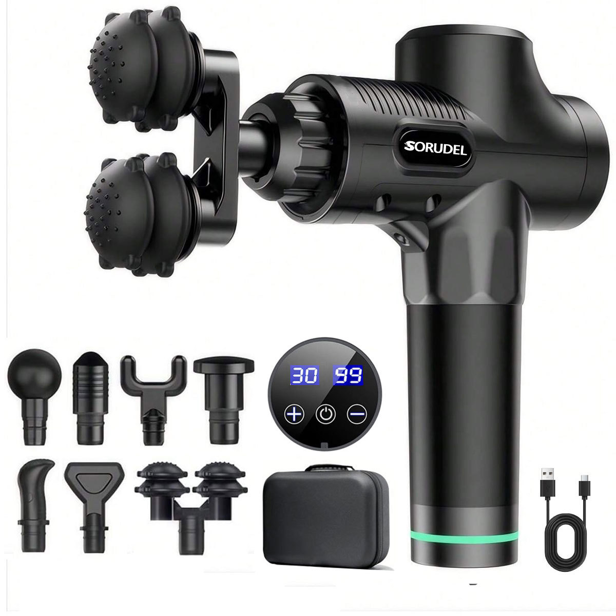 SORUDEL 심층 조직 마사지 총, 8 개의 마사지 헤드, 휴대용 전기 근육 마사지기, 근막 총, 고출력 근막 충격 장비, 30 가지 속도, 고출력 무브러시, 가방 45,100원