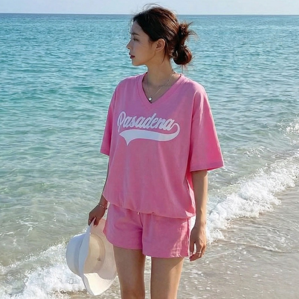 상상그이상 여성용 국내제작 파사디V반팔SET 여름 루즈핏 반소매 브이넥 티셔츠 허리밴딩 고무줄바지 반바지 숏팬츠 세트 투피스 트레이닝세트 오버핏 나일론반팔 아노락반팔 밑단스트링 52,800원