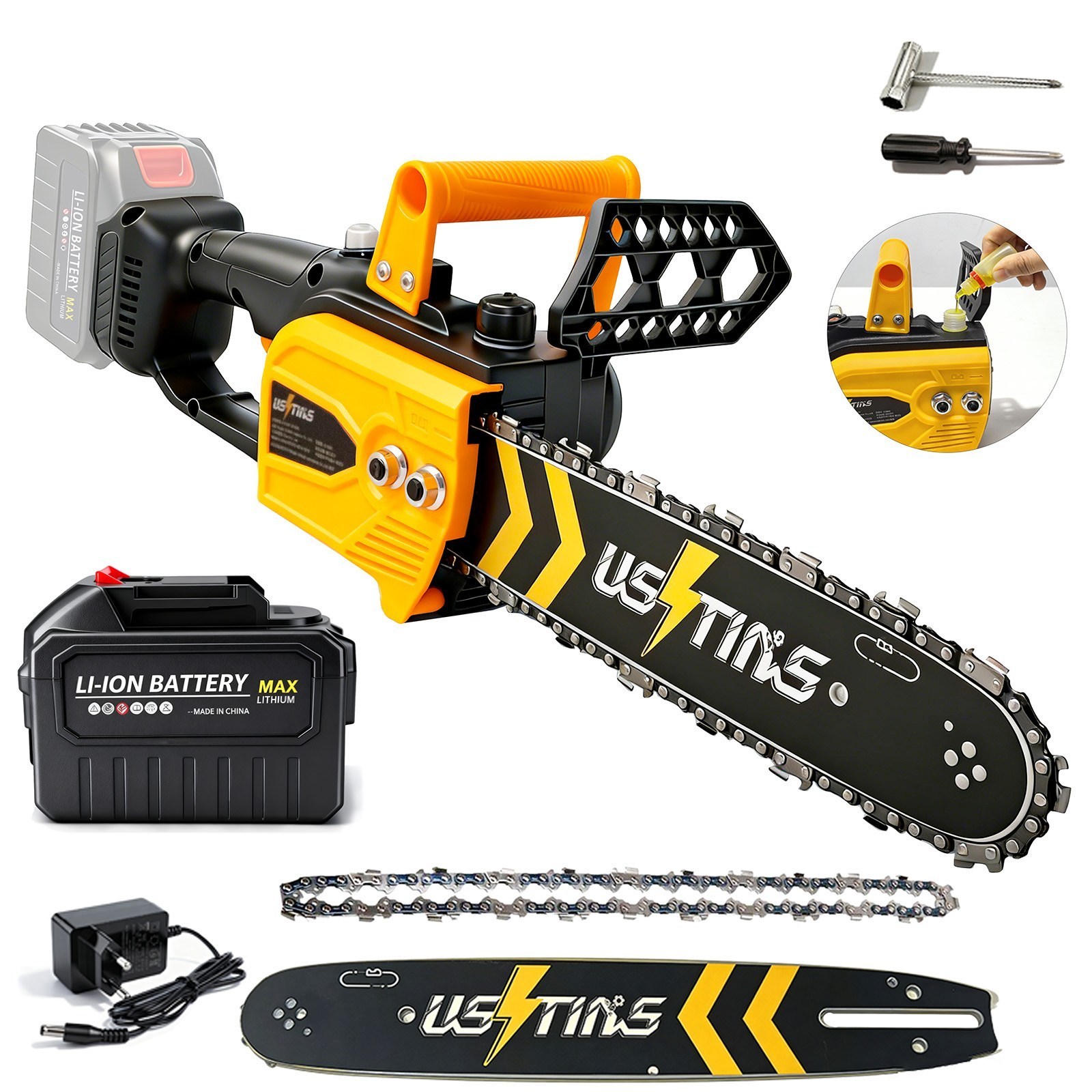 우스틴스 35cm 무선 체인톱 충전식 전기톱 BLDC 고출력모터 6000mAh, 1세트 112,980원
