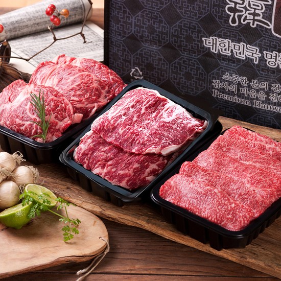 [산들한우] 1등급 구이실속선물세트 3호 800g[등심200g+채끝200g+등심불고기400g] 99,000원