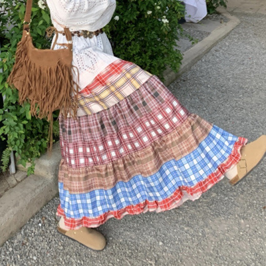 더시럽 여성용 레트로 체크 무늬 롱 A라인 스커트 22,490원