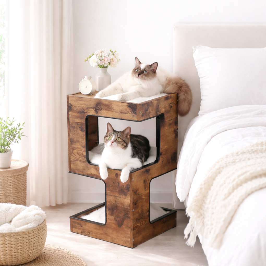 PAWZ Road 3단 원목 고양이 하우스 숨숨집 , 복층 캣타워 스크래쳐 협탁, 1개, 브라운 46,800원