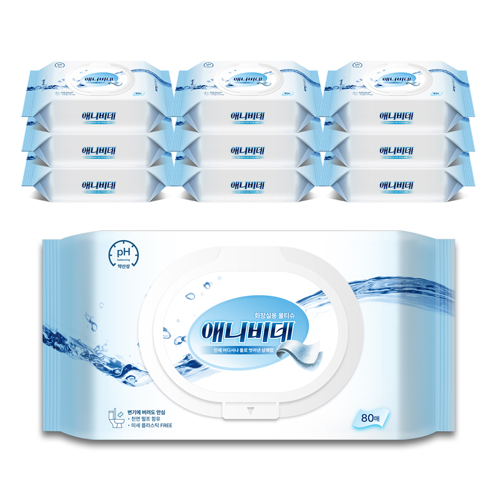 더퍼스트터치 애니비데 화장실용 물티슈 캡형, 60g, 80매, 10개 19,900원