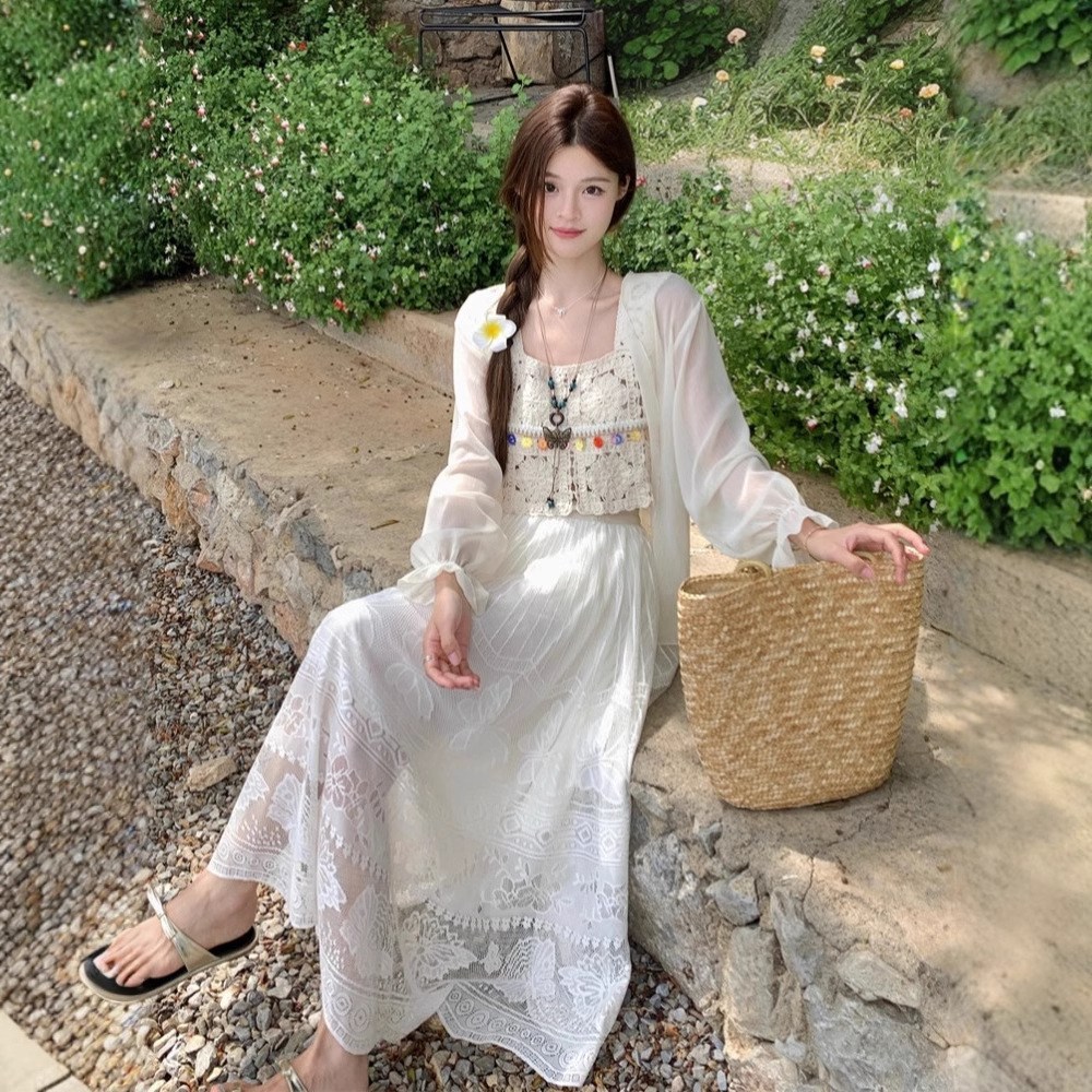 해피유통   여성 여름 보헤미안 롱 드레스 세트 시어 레이스 민소매 세트 가벼운 비치 탑 패션 여성   LWJ 58,850원