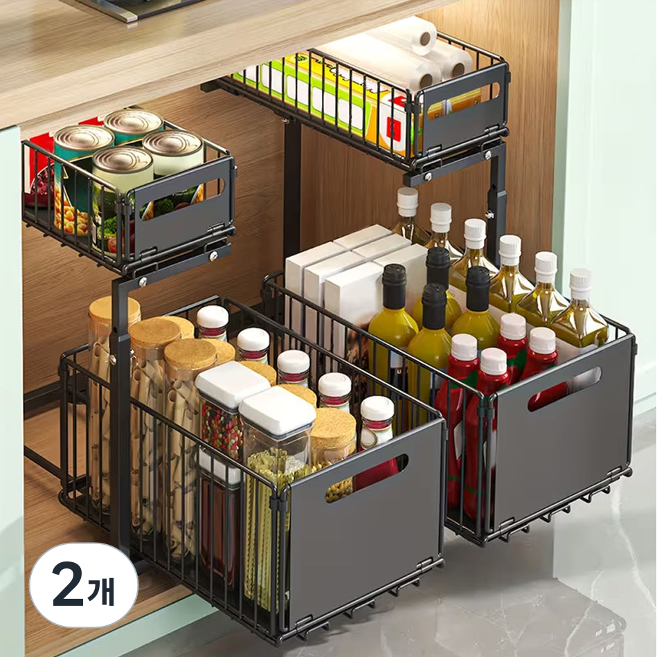 포니홈 2단 슬라이딩 선반 싱크대 하부장, 2개, 블랙 52,220원