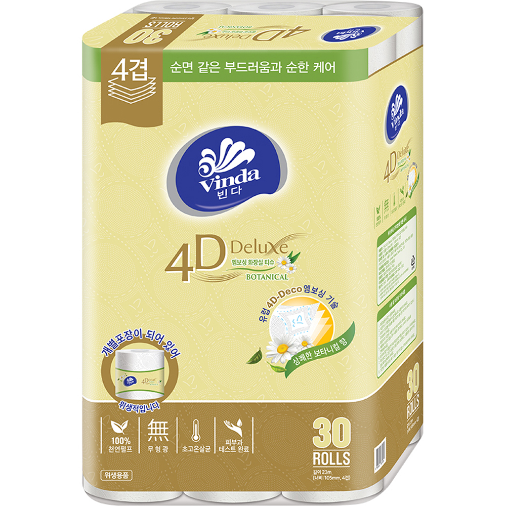 빈다 천연펄프 4겹 4D Deluxe 엠보싱 보타니컬 롤화장지, 23m, 30개입, 1개 23,650원