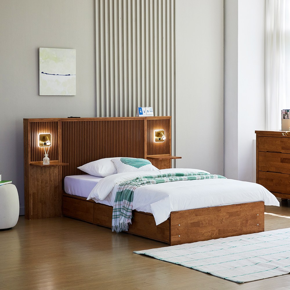 아르볼가구 디엘 원목 LED조명 호텔 수납 침대프레임 Q, 침대프레임 화이트 449,000원