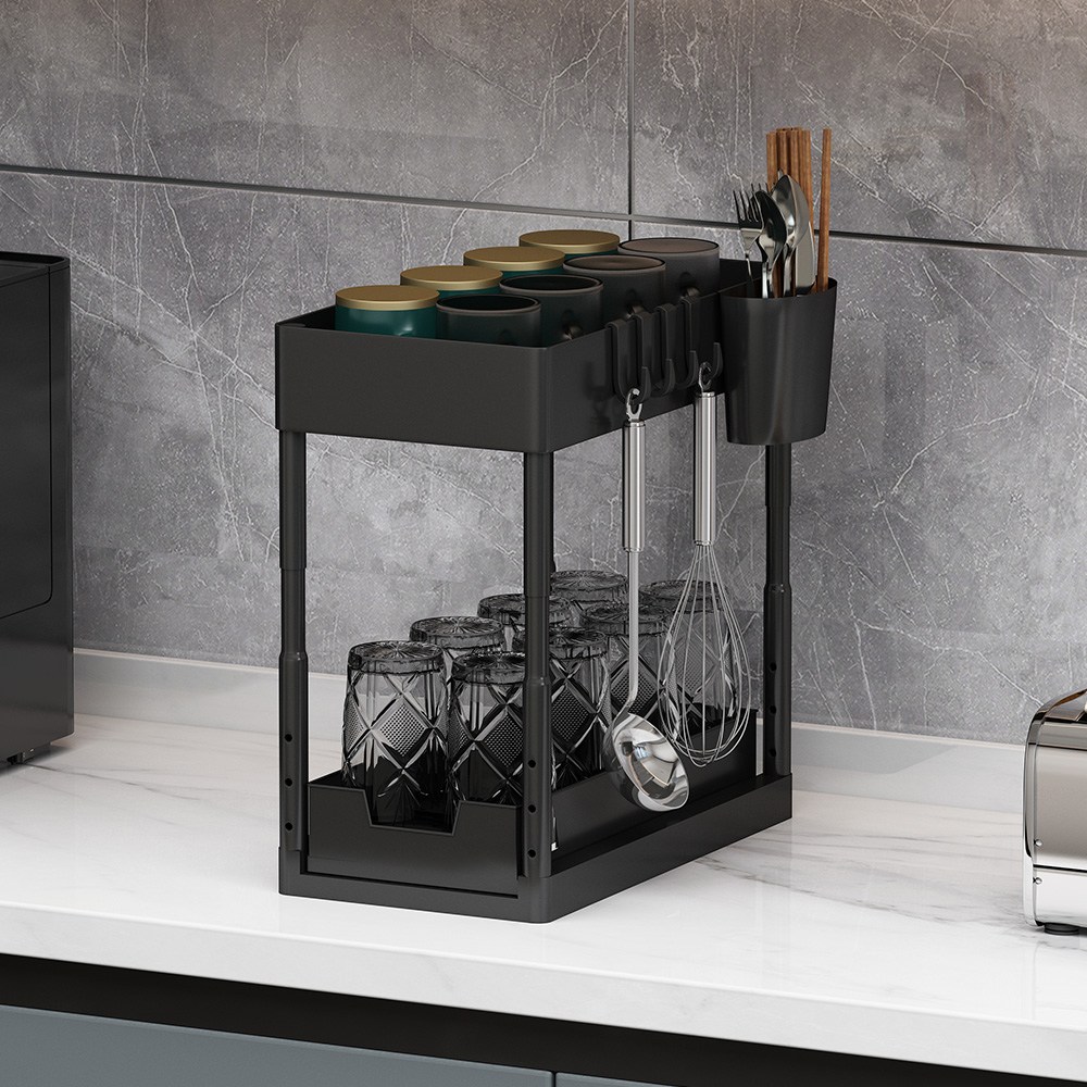 HK.sell W22 심플 다용도 높이조절 슬라이딩 정리대+바스켓 +고리 18,500원