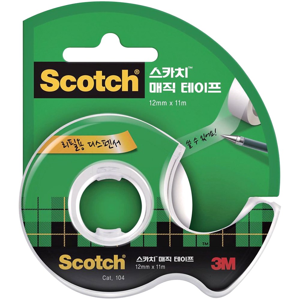 3M 스카치 104A 매직 테이프 디스펜서 본품 12mm x 11M 낱개 / 리필 교체식 / 인체공학적 디자인 / 강력한 접착력 / 깔끔하게 제거 가능 1,440원