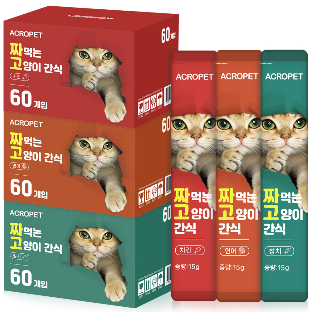 아크로펫 짜먹는 고양이 간식 대용량 스틱형 영양간식 츄르, 180개, 15g, 참치+연어+치킨 36,500원