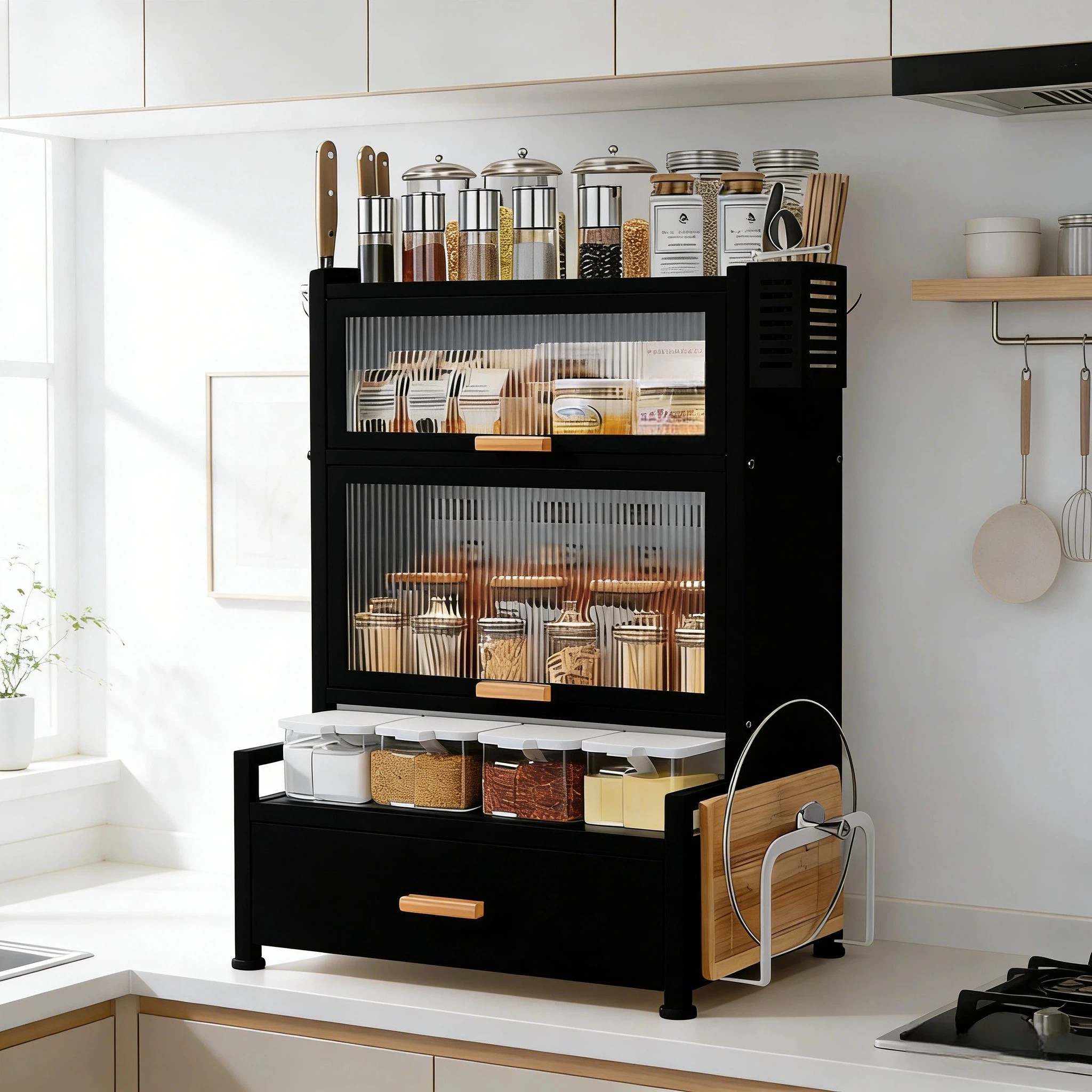 BILIMO 주방 수납장 방진 서랍형 조미료 칼걸이 도마꽂이 정리대 양념 선반 대용량 주방 양념통, 블랙, 1개 48,900원