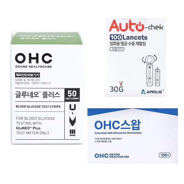 오상헬스케어 글루네오 플러스 혈당시험지 당뇨혈당체크지 세트 (혈당시험지 50매 + 채혈침 100개 + 알콜솜 100매) elevee 14,000원