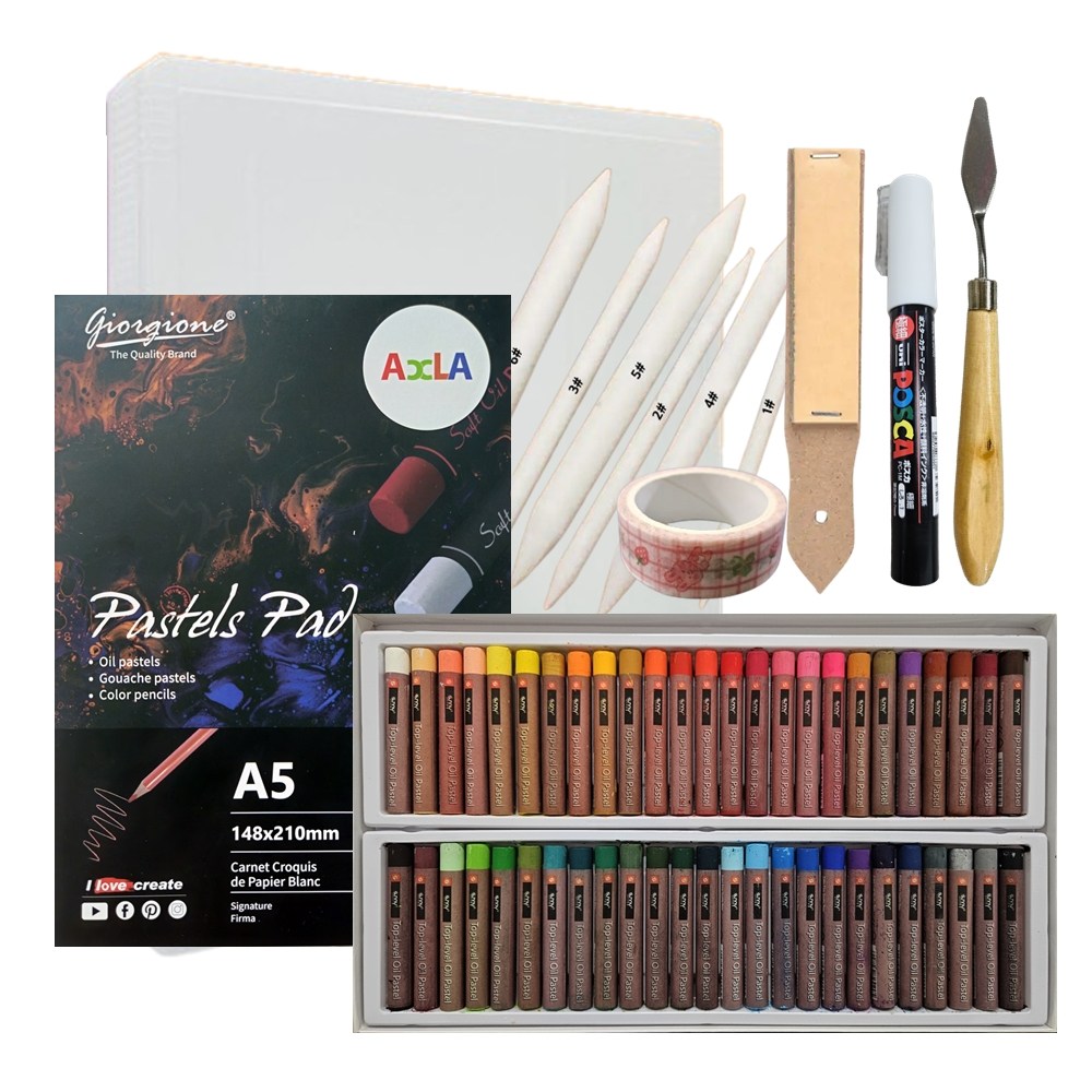 아클라 오일 파스텔 50색 FULL세트 오일파스텔 A5 파스텔 패드 찰필6종세트 미술용사포 페인팅나이프 마스킹테이프 보관케이스 8종, 1개, 50개 34,800원