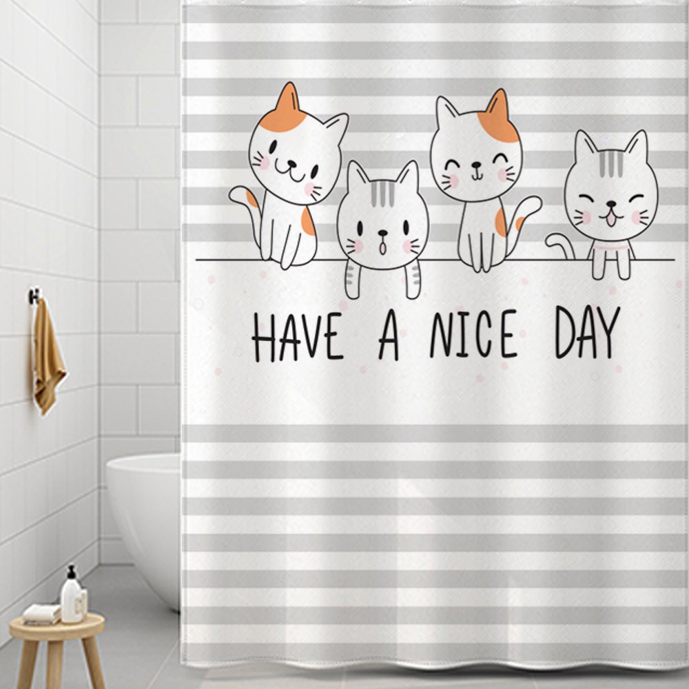 코팅블루 설치쉬운 무타공 방수 욕실 샤워커튼+커튼링세트, 1세트, 16.스트라이프캣츠 15,900원