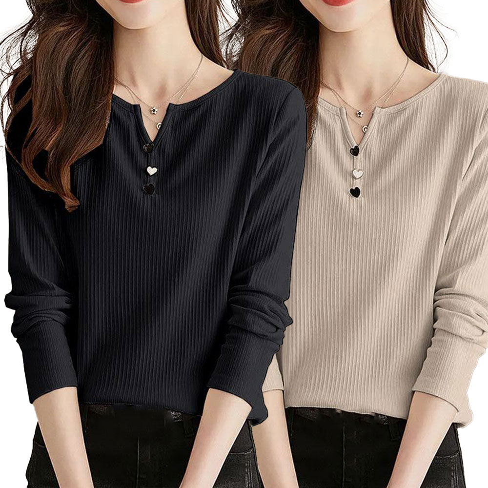 TKX 1+1 여성 가을 간절기 긴팔 티셔츠 단추 장식 브이넥 슬림핏 캐주얼 상의 K37 20,340원