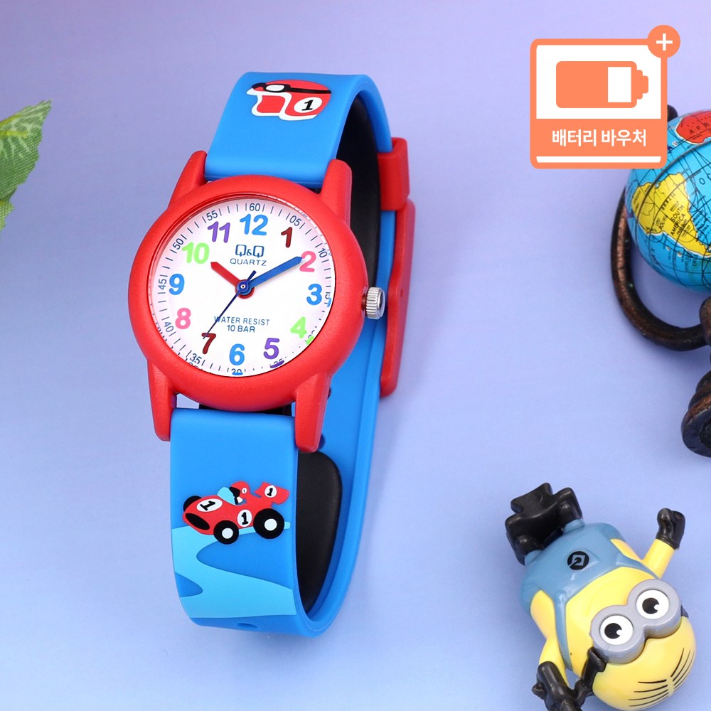 큐앤큐 블루 레이싱 카 100미터 방수 키즈 캐쥬얼 시계 + 배터리 바우처 19,000원