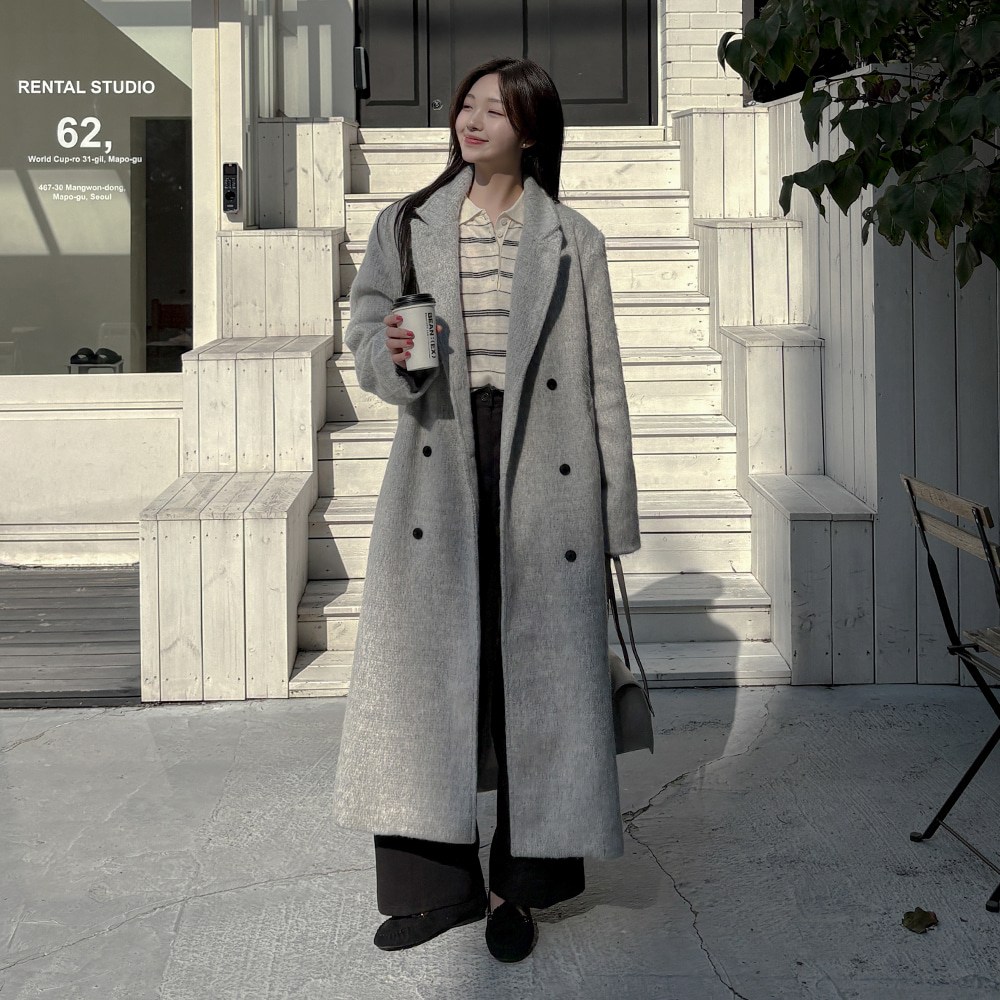 [55-110][고급미] 헤어리 울 더블 롱 코트 여성 빅사이즈 여자 플러스사이즈 어거스트플랜 142,900원