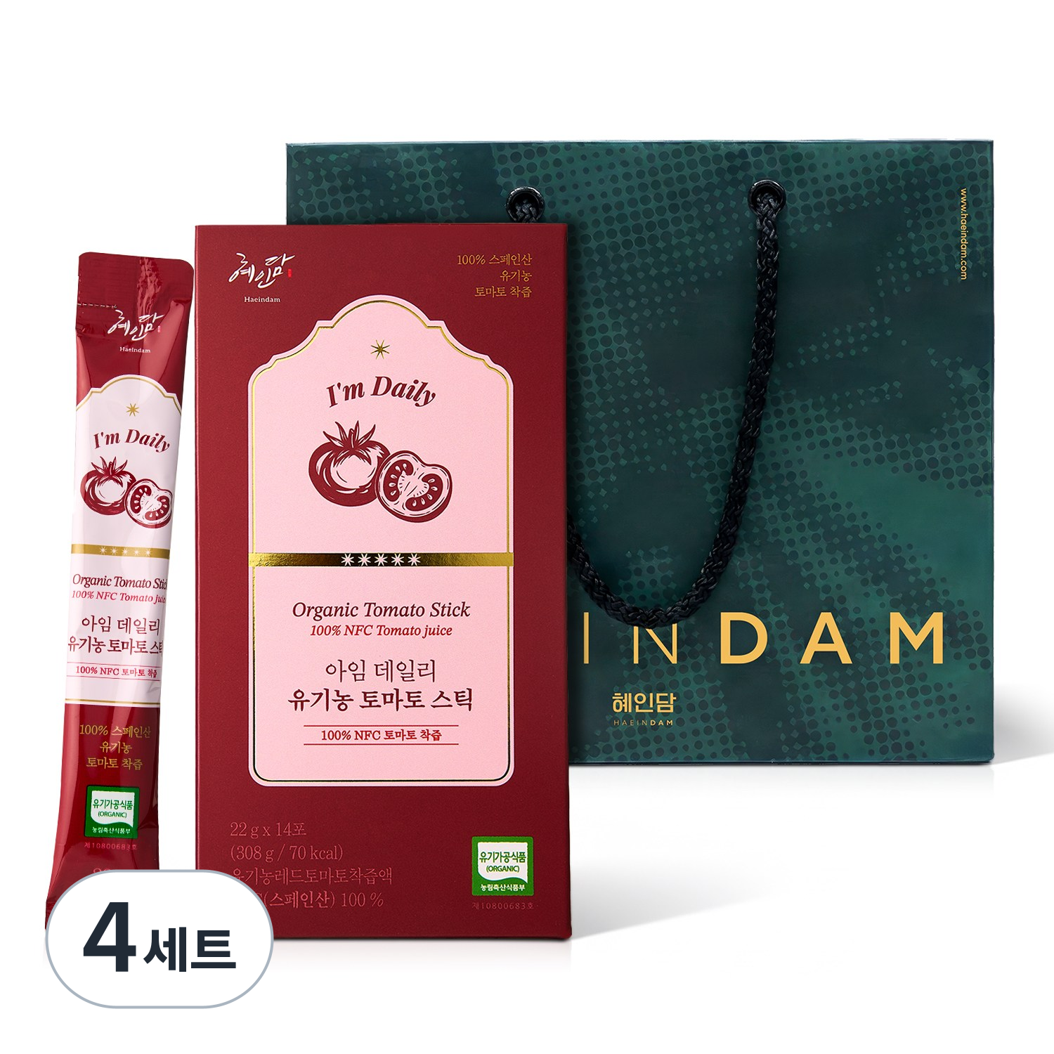NFC 착즙 100% 유기농 토마토즙 혜인담 아임 데일리 유기농 토마토 스틱 +쇼핑백, 4세트, 308g 42,400원