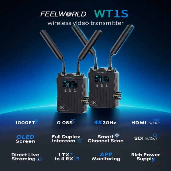FEELWORLD WT1S 4K 무선 비디오 전송 시스템 SDI 듀얼 HDMI 1000ft 풀 듀플렉스 인터콤 라이브 스트리밍 396,800원
