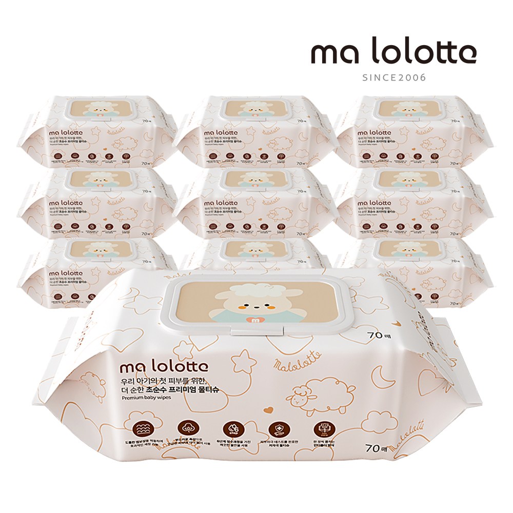 마롤로뜨 프리미엄 두꺼운 아기물티슈 73gsm 캡형 도톰한 엠보싱 유아 신생아, 10개, 70매, 73g 17,750원