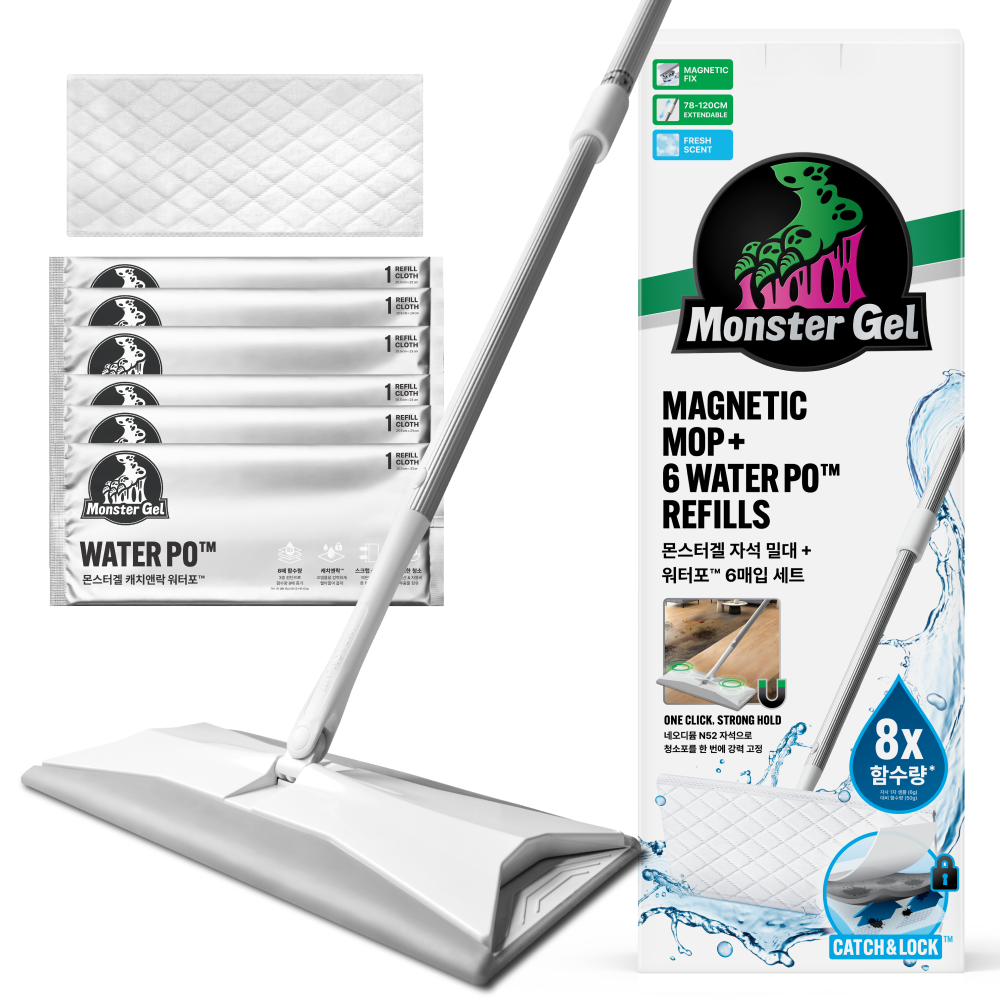 몬스터 초강력 막대걸레 자석밀대 + 마르지 않는 물걸레 청소포 리필 6매입, 1세트 32,990원