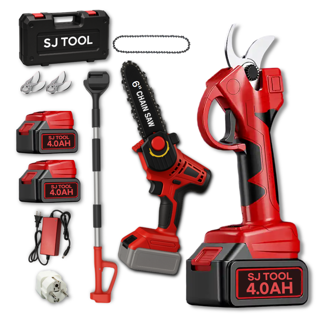 [SJ TOOL 특가] 40년기술 전동 전지 가위 체인톱 1+1 올인원 세트 연장대 충전 전정 고지 장대 198,900원