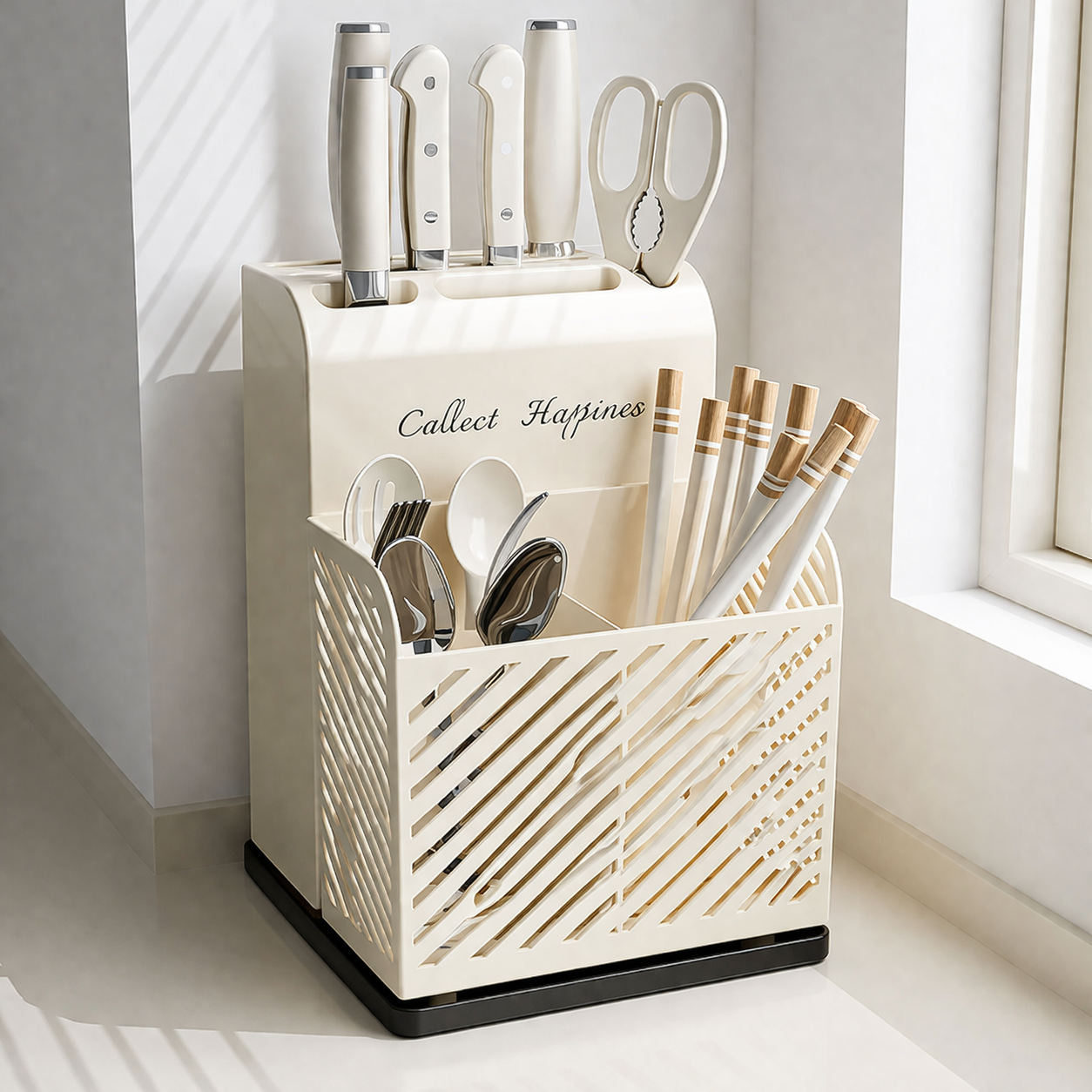 벨이지몰 올인원 고급형 물빠짐 칼꽂이 수저통, 1개, 크림 13,000원