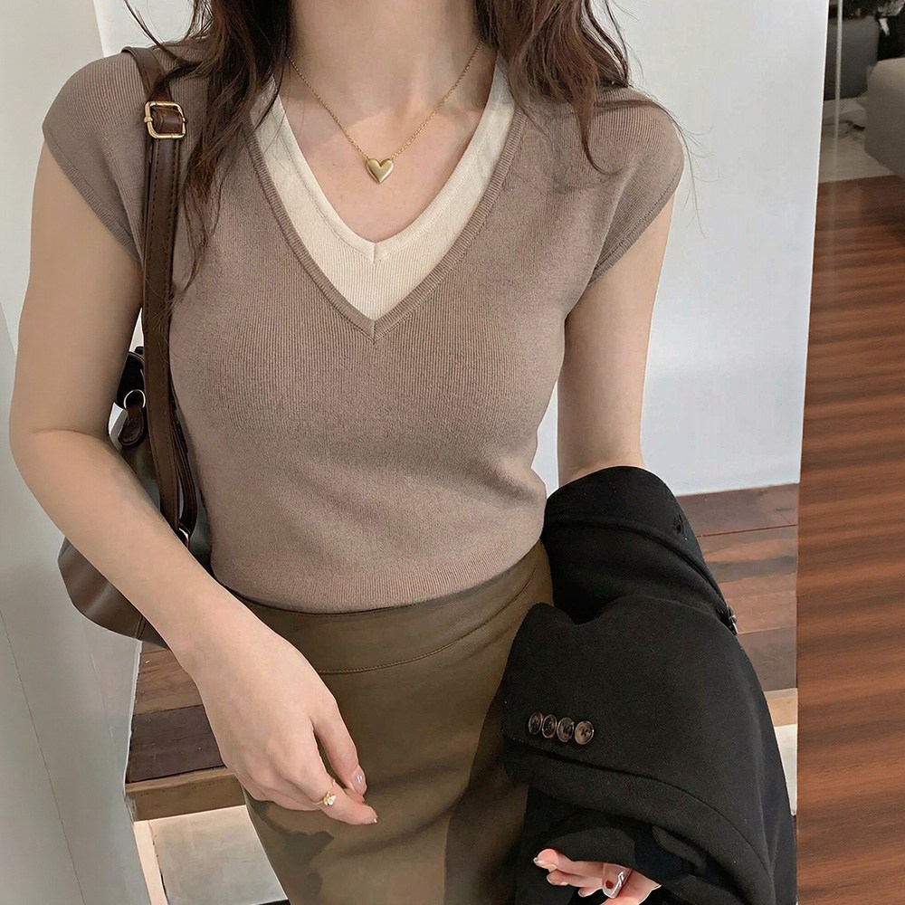 SOSISI 여성 이중 브이넥 배색  반팔 여름 니트 탑 오버   260598 16,900원