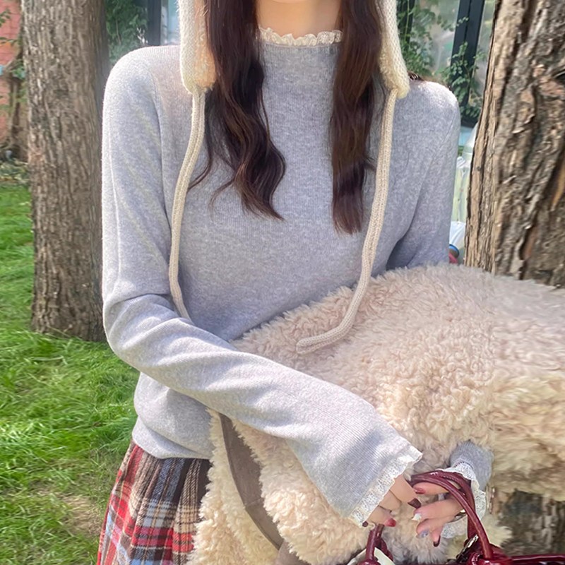 스타일아유 여자 반폴라 레이스 트리밍 이너티 가을 기본 고급스러운 솔리드 슬림핏 페미닌 상의 KN2195 13,400원