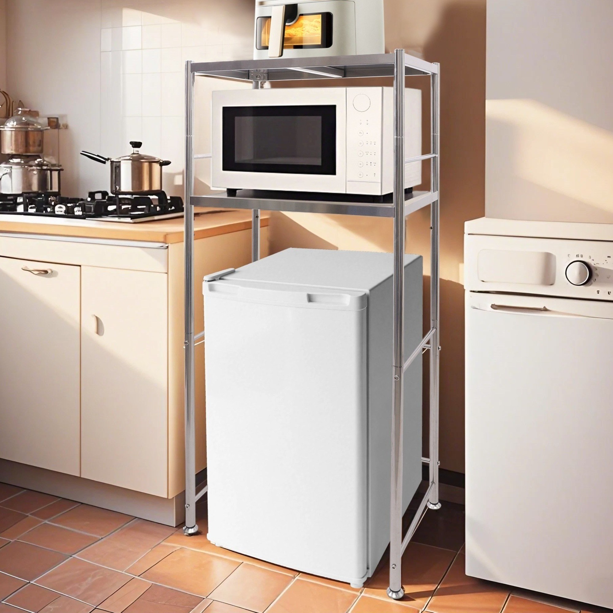 스테인리스 스틸선반하부 오픈형 세탁실선반 세탁기선반 주방정리대 전자레인지/냉장고 선반 쓰레기통 정리 베란다 수납 다용도, 2단, 실버 79,990원