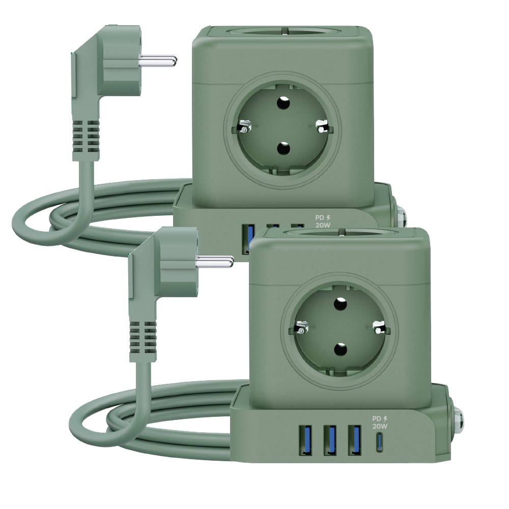 스위치 안전형 큐브 박스형 멀티탭 고속충전 20W C-타입 지원 5구 고용량 4000W USB-A USB-C 캠핑용 여행용 컴팩트사이즈 타워형, 그린, 2개, 1.8m 75,190원