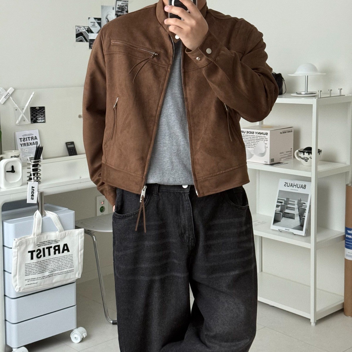 르위 크롭 스웨이드 바이커 트러커 자켓 차이나카라 오버핏 점퍼 59,000원