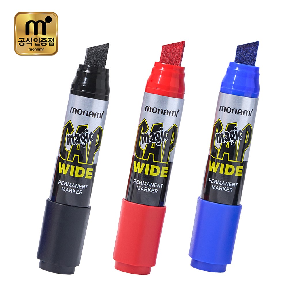 [공식 대리점 글로리스] 모나미 매직캡 와이드 굵은촉 13mm 블랙+레드+블루 세트 7,900원