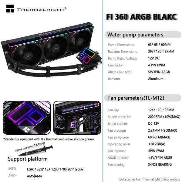 THERMALRIGHT FROZEN INFINITY LIGHT 올인원 ARGB 동기화, DIVINE 지원 LGA1700/AM5/AM4 360 라디에이터, 수냉식 99,900원