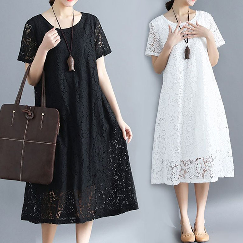 JUSTFEELING 빅사이즈 여성 반팔원피스 레이스 A라인 여름원피스 데일리 순색 날씬해보이는 플라워 라운드넥 롱원피스, 현재가 24,900원