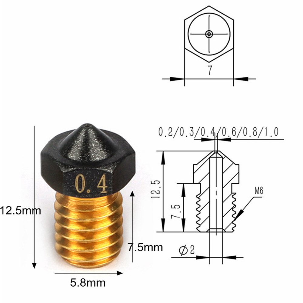 MK8/E3D/화산 황동 PTFE 노즐 코팅 스틱 필라멘트 0.2/0.3/0.4/0.5/0.6/0.8/1.0/1.2mm 3D 프린터 Ender3 CR10 1.75mm 10,800원