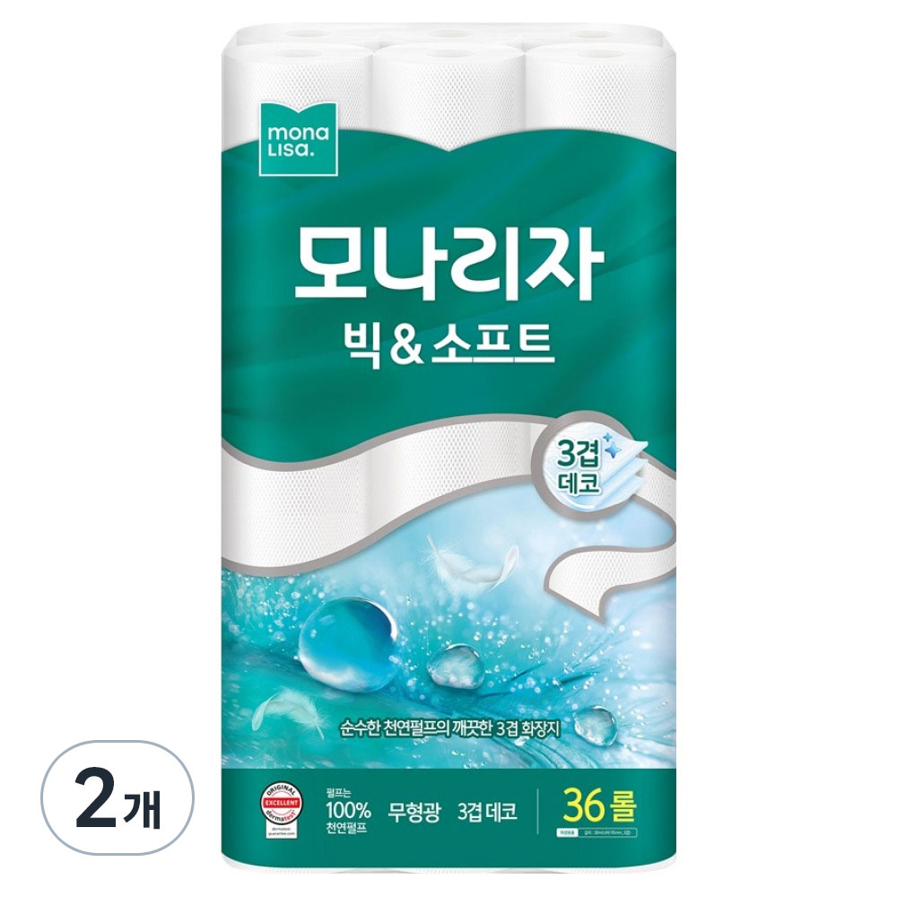 모나리자 빅 앤 소프트 천연펄프 3겹 화장지, 30m, 36롤, 2개 32,070원
