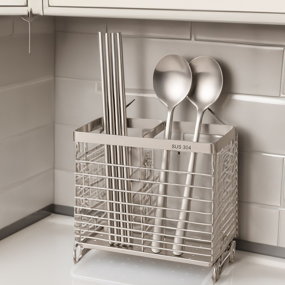 더화이트 스텐 304 수저통 / 물빠짐 수저정리함 건조대, 1개, 실버 16,900원