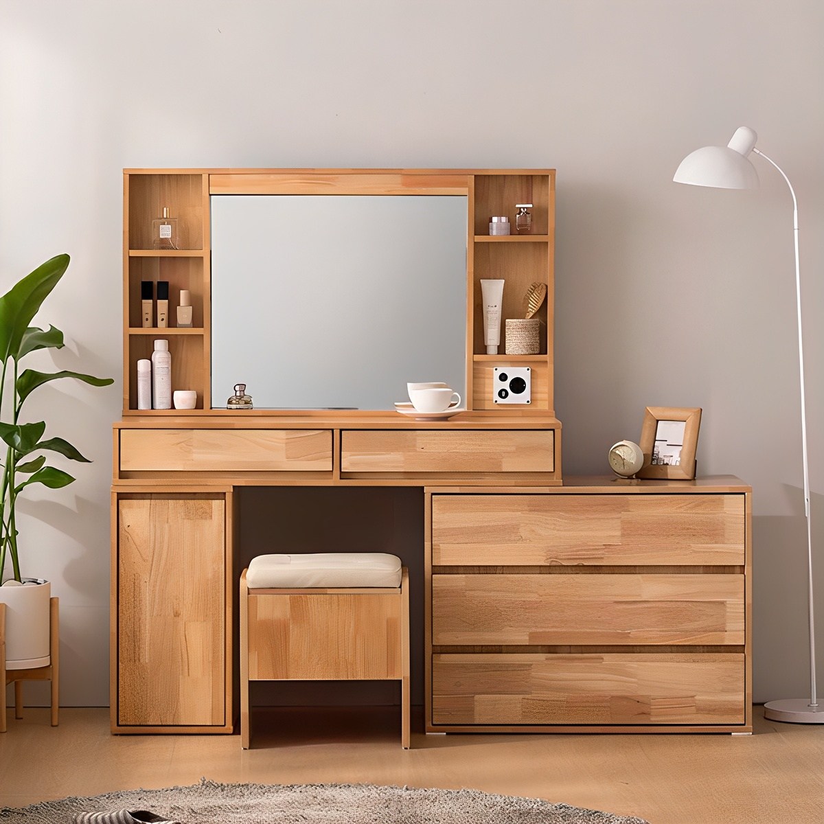 [삼익가구]로우드 3단서랍형 LED조명 확장형 원목 화장대 세트(스툴포함) 219,000원